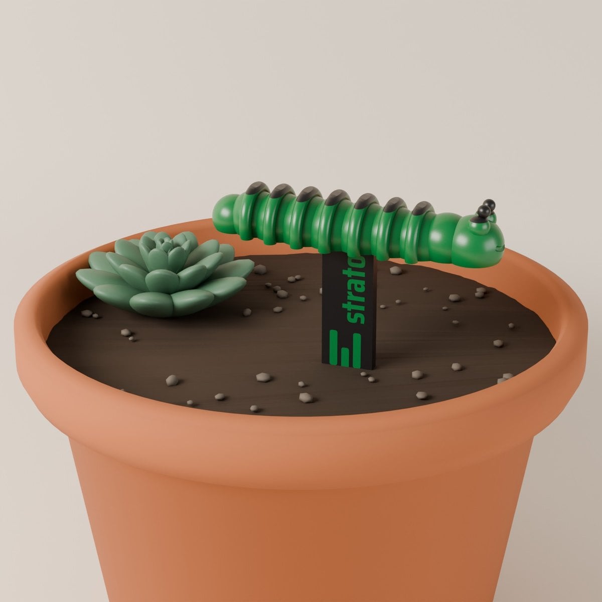 Lagarta decorativa verde da Strato espetada em vaso
